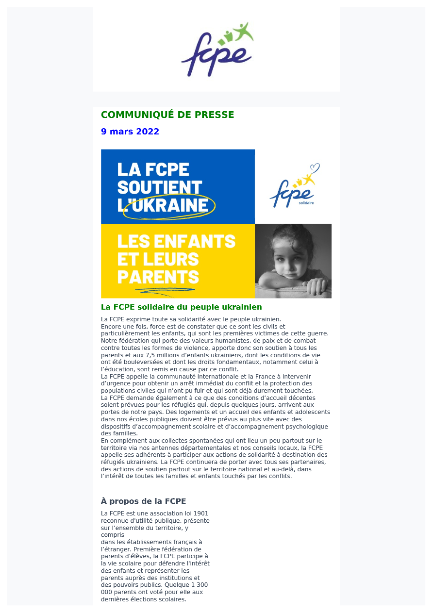 La FCPE solidaire du peuple ukrainien