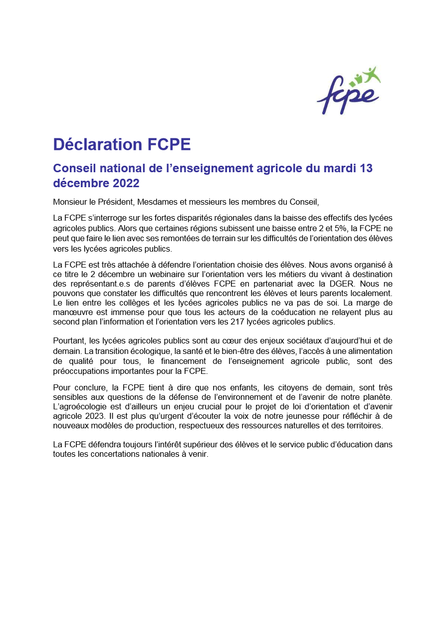 déclaration FCPE au CNEA du 13 12 2022
