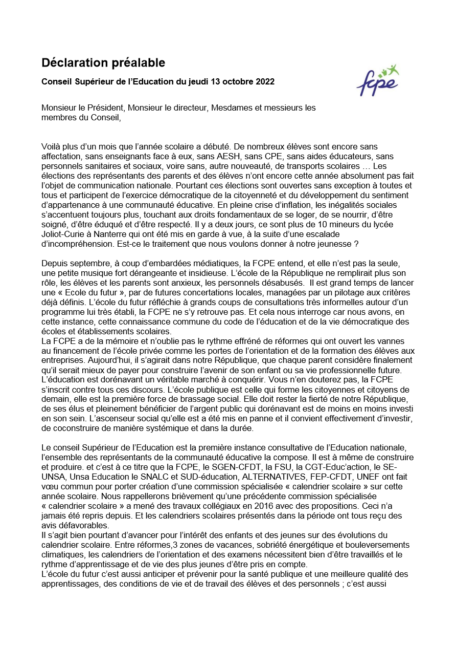 Déclaration FCPE au CSE du 13 10 22