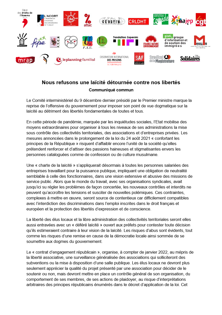 COMMUNIQUE DE PRESSE COMMUN 17 DECEMBRE 21