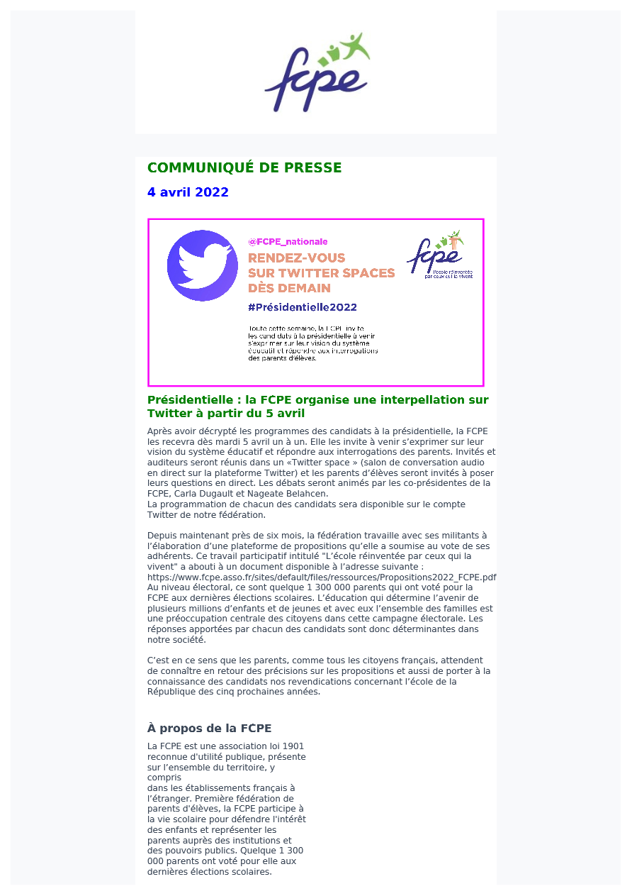 COMMUNIQUE DE PRESSE FCPE 04 AVRIL 2022