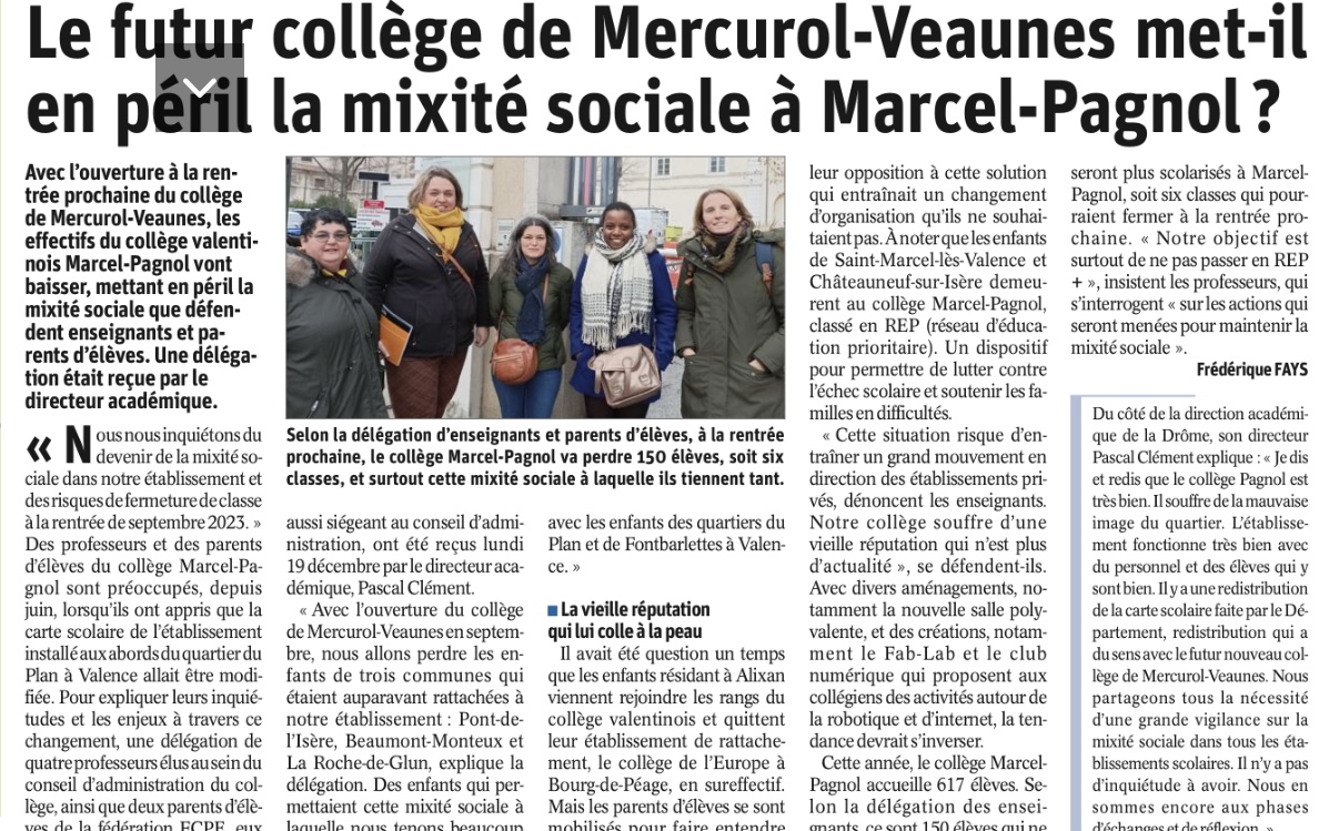 article du Dauphine libéré 20 12 22 Avenir du collège Marcel Pagnol de Valence