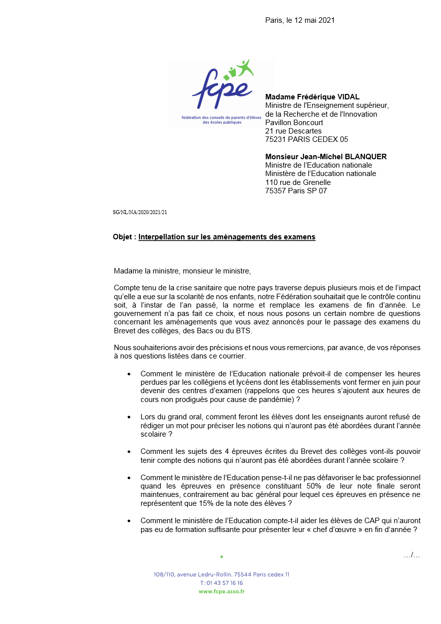 courrier de la FCPE au ministère de l'éducation concernant les aménagements des examens