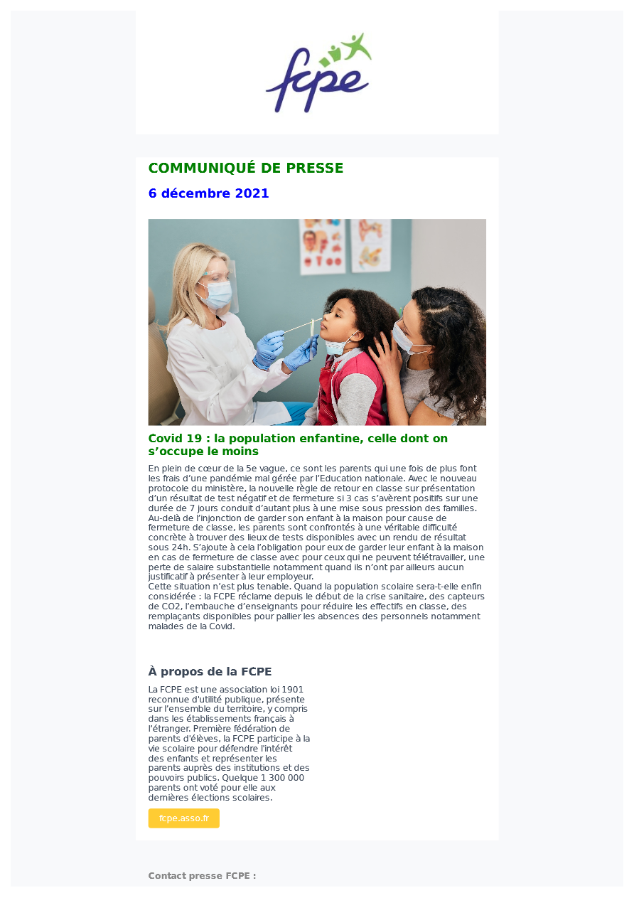 COMMUNIQUE DE PRESSE FCPE 06 DECEMBRE 21