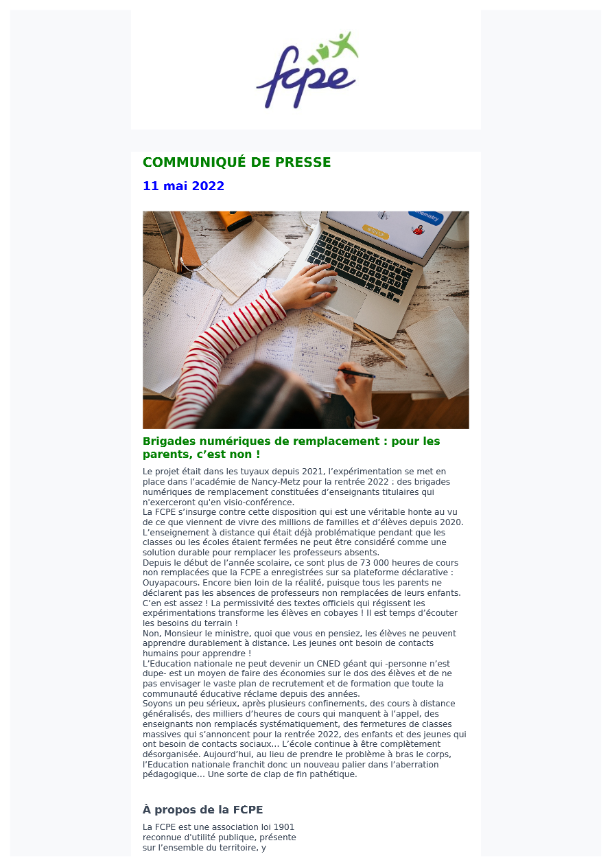 COMMUNIQUE DE PRESSE FCPE 11 mai 2022