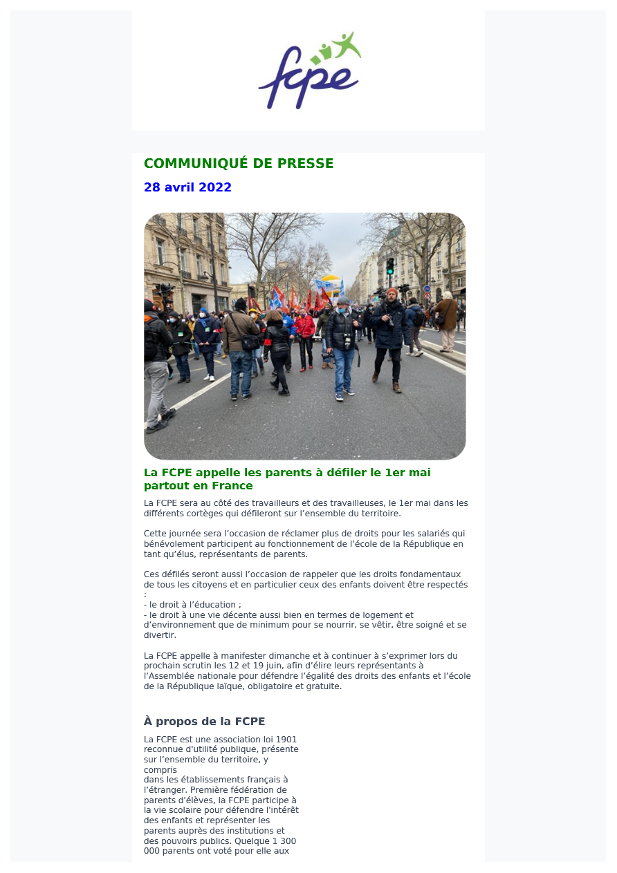 COMMUNIQUE DE PRESSE FCPE 28 AVRIL 2022