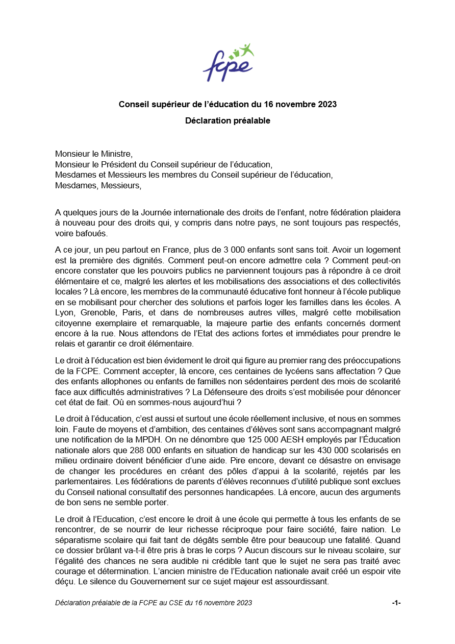 déclaration FCPE au CSE du 16 novembre 23