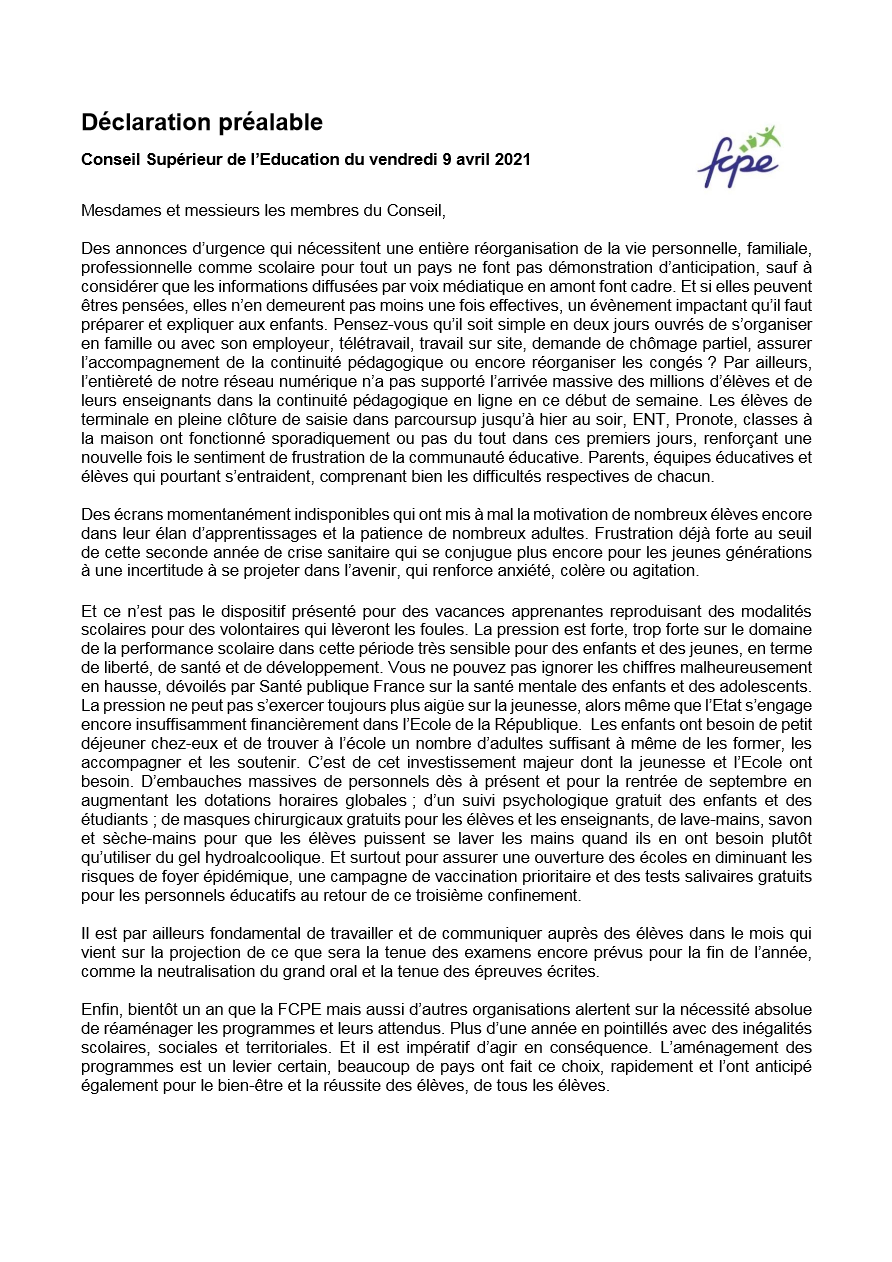 Déclaration FCPE au CSE du 09 avril 2021