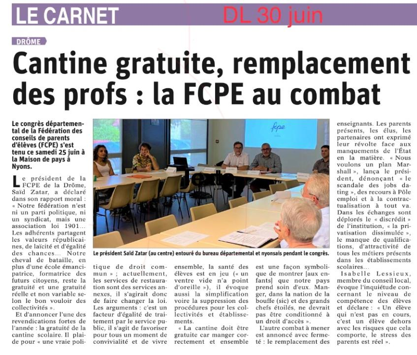 Article DL 30 juin 2022 Congrès departemental FCPE 26