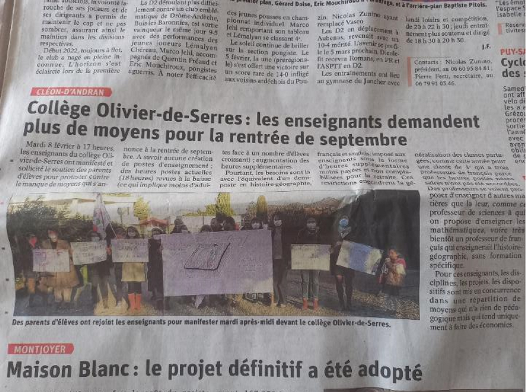 au collège Olivier de Serres, les enseignants demandent plus d'enseignants pour la rentrée de septembre article du DL