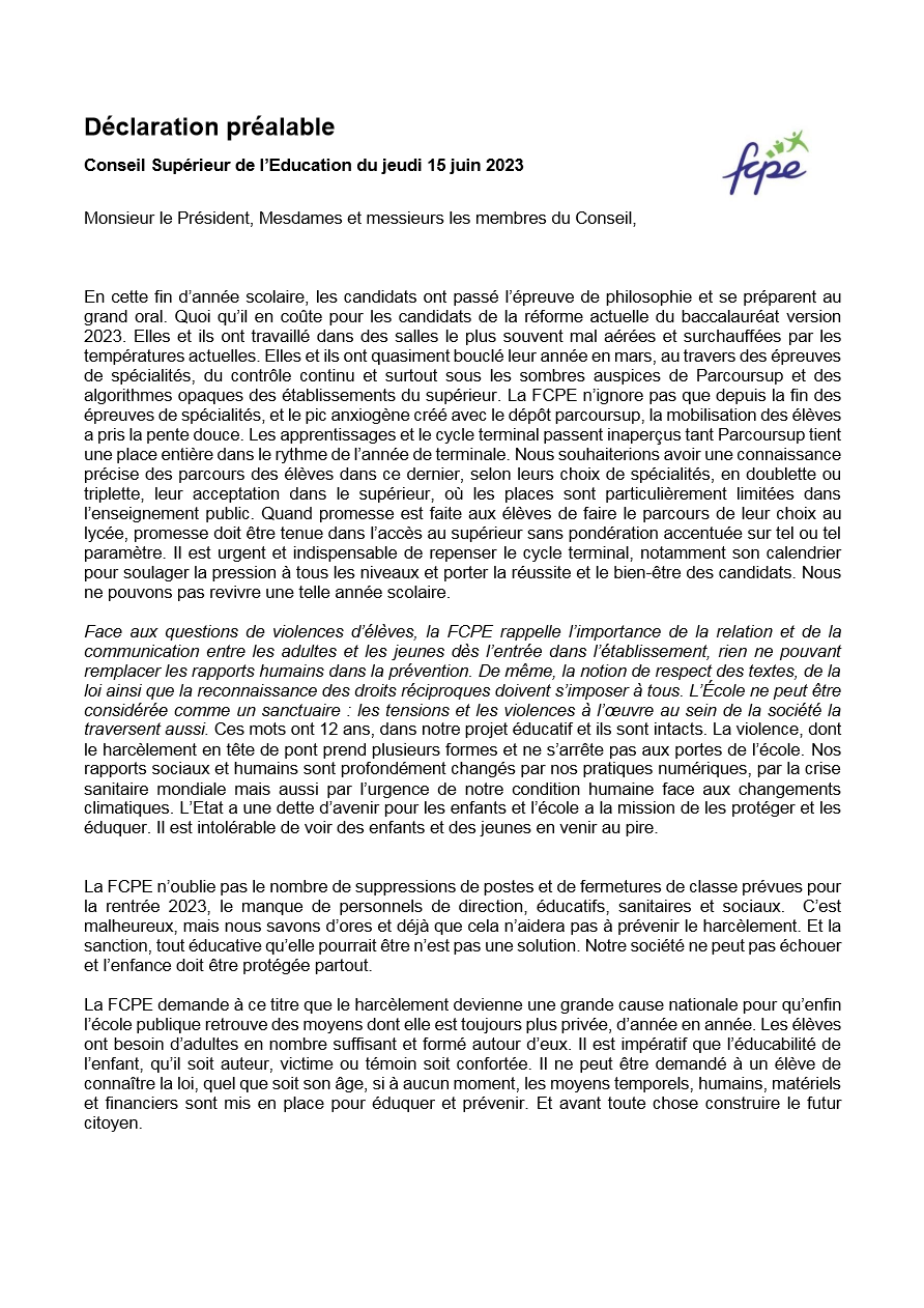 déclaration FCPE au CSE du 15 juin 2023