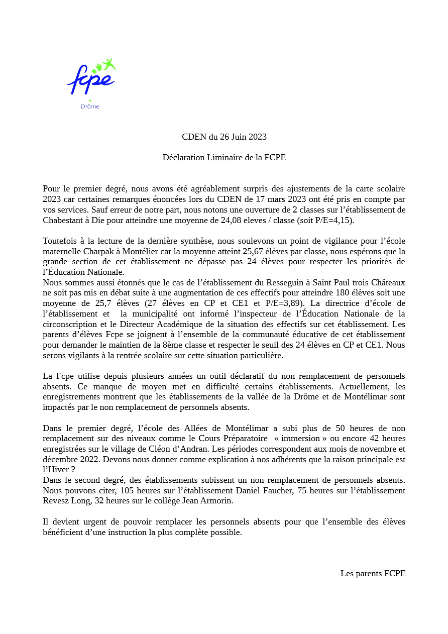 Déclaration FCPE au CDEN du 26 juin 23