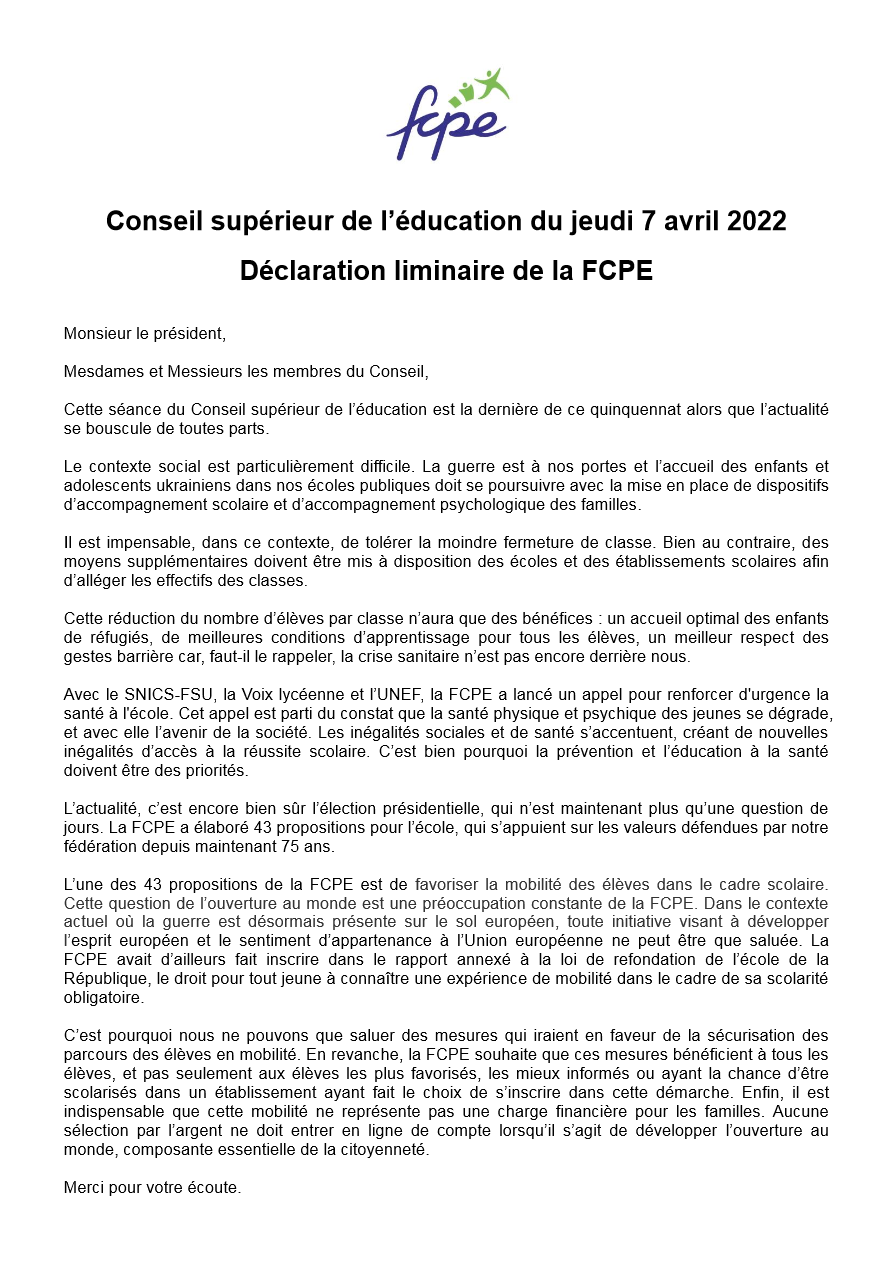 déclaration FCPE au CSE du 7 avril 2022