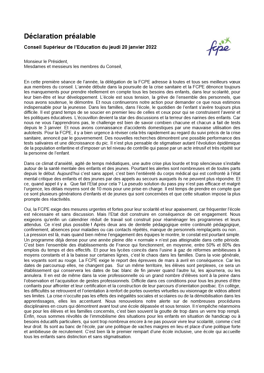 Déclaration FCPE au CSE du 20 01 22