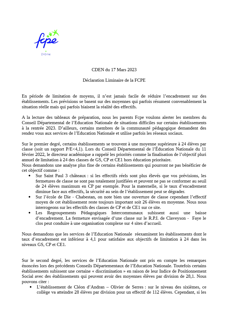 Déclaration FCPE 26 au CDPE du 17 mars 23