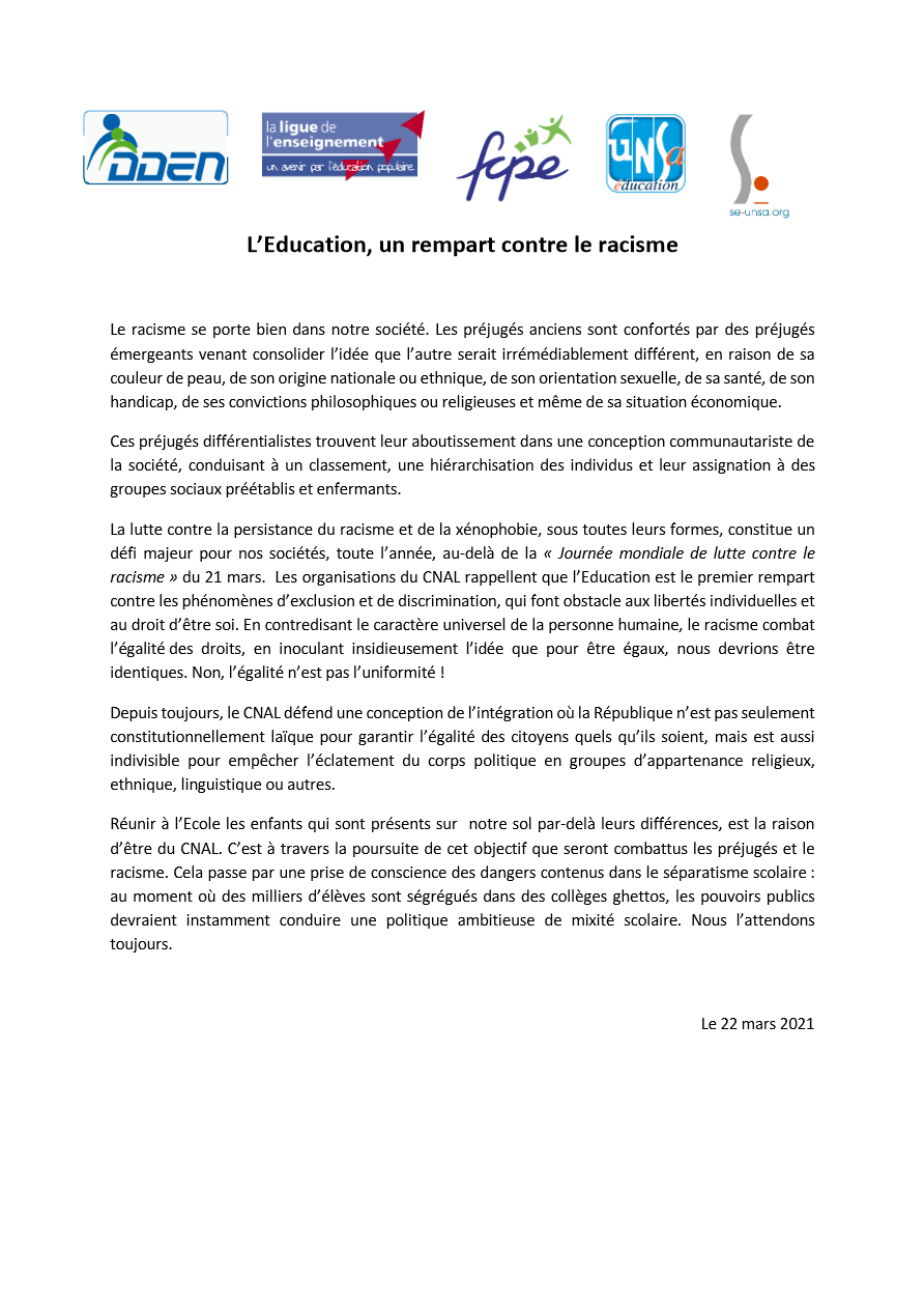 Communique Education lutte contre le racisme