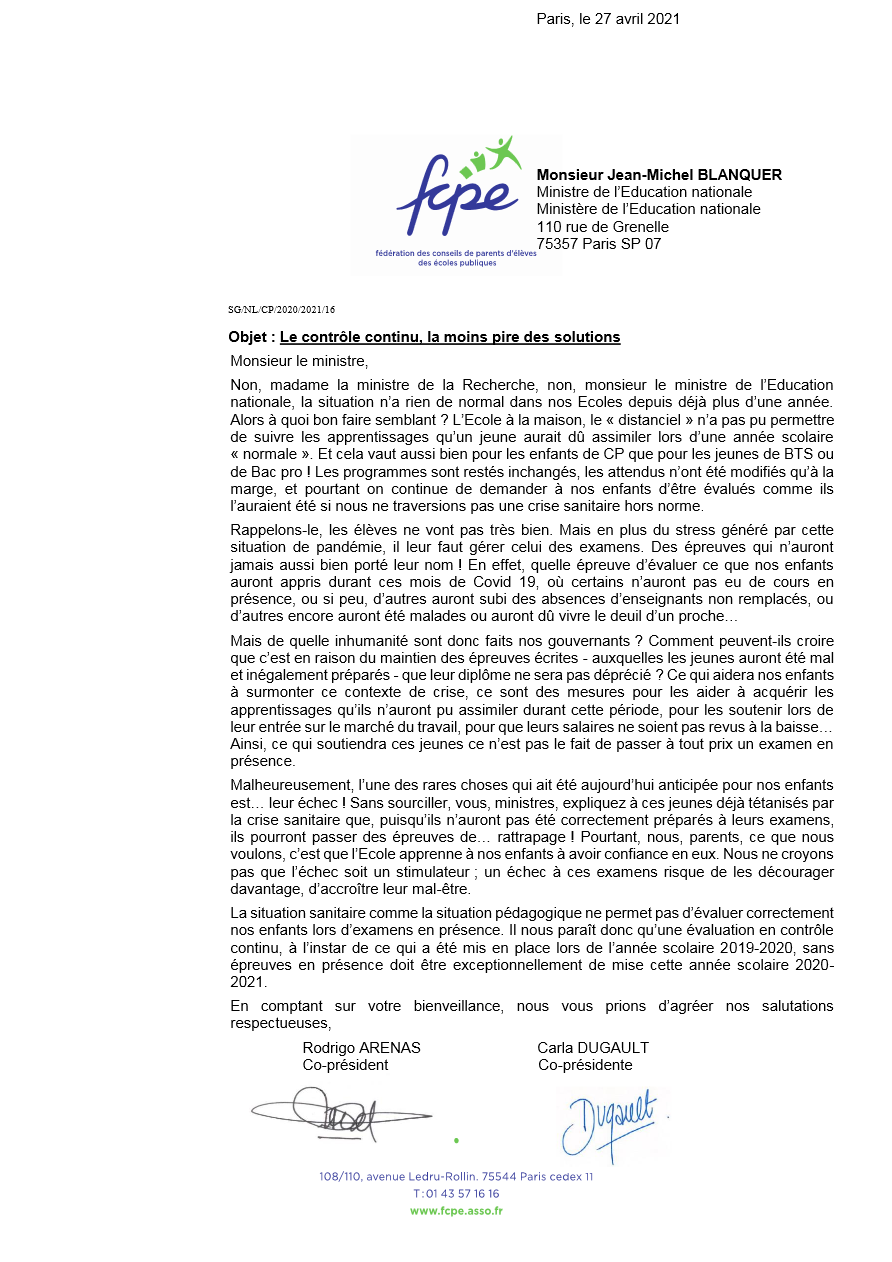 Lettre ouverte pour la mise en place du Controle continu pour les examens