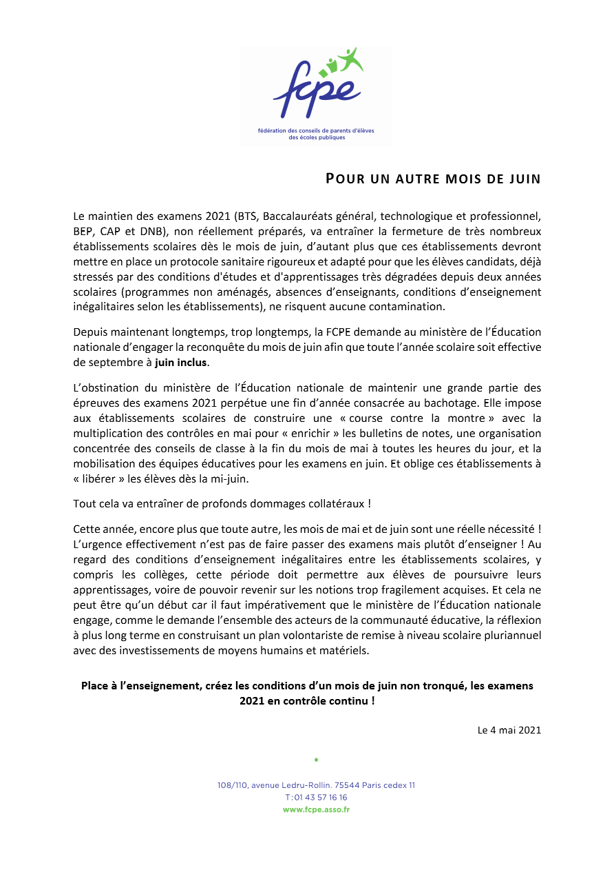 Communiqué de presse FCPE soutien pour le contrôle continu